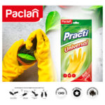 Перчатки резиновые хозяйственные Paclan "Practi. Universal", разм. М, х/б напыление, желтые, пакет с европодвесом — изображение 4