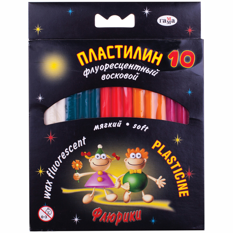 30c245a4c1cc14099b42a5937a682bac Пластилин Гамма "Флюрики", 10 цветов, флуоресцентный, со стеком, картон, европодвес — изображение 1