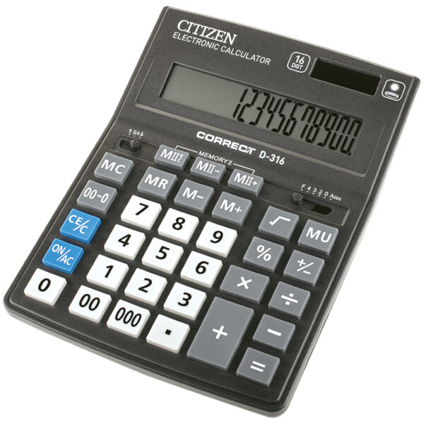 Калькулятор настольный Citizen Correct D, 16 разр., двойное питание, 155*205*28мм, черный