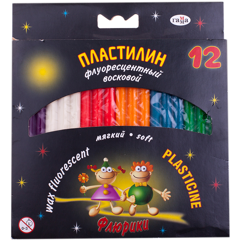 5bc4c625730e12fc92824b771ba35e57-4 Пластилин Гамма "Флюрики", 12 цветов, флуоресцентный, со стеком, картон, европодвес — изображение 1