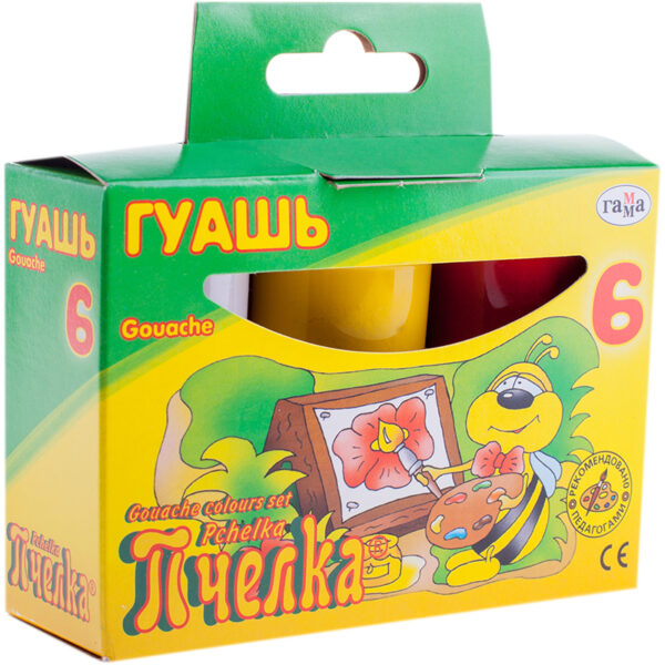 Гуашь Гамма "Пчелка", 06 цветов, 20мл, картон, европодвес