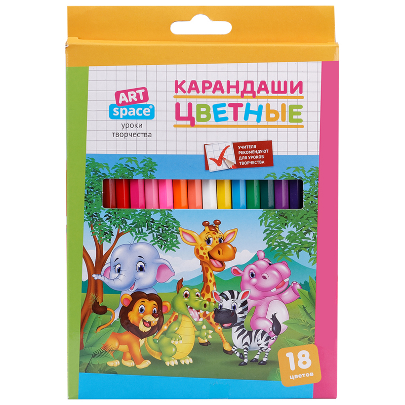 Карандаши цветные ArtSpace "Зверята", 18цв., заточен., картон, европодвес