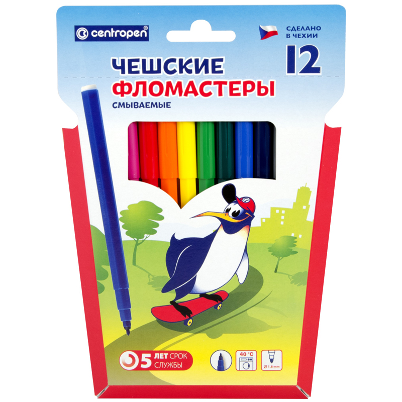 072080cd2cc26a4078e8c8a4453be401 Фломастеры Centropen "Пингвины", 12цв., смываемые, картон, европодвес — изображение 1