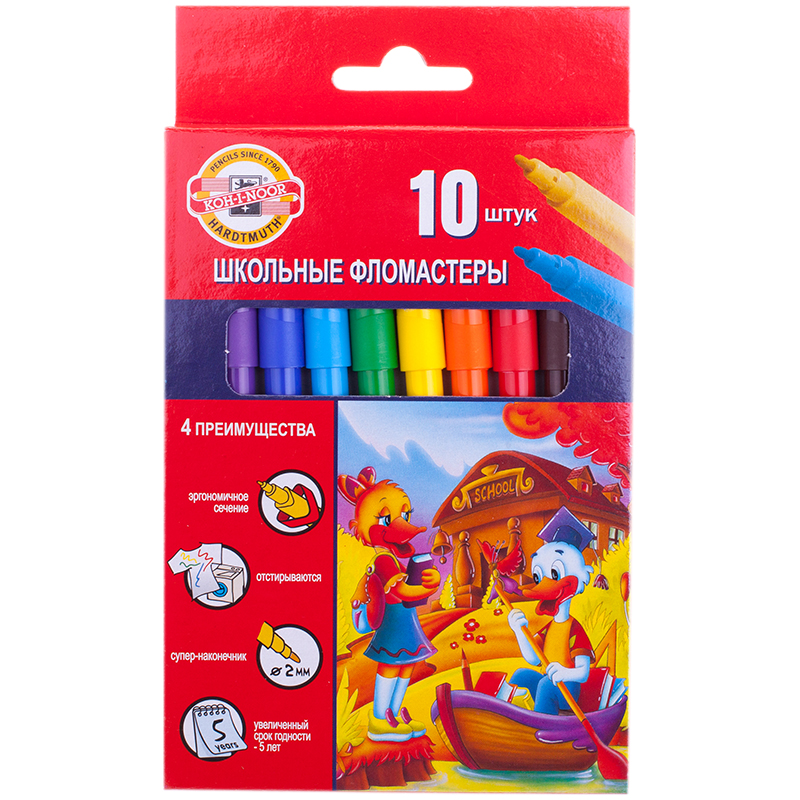 2948536fcd97288dd9bd77e9442386ab Фломастеры Koh-I-Noor "Утята", 10цв., трехгранные, смываемые, картон, европодвес — изображение 1