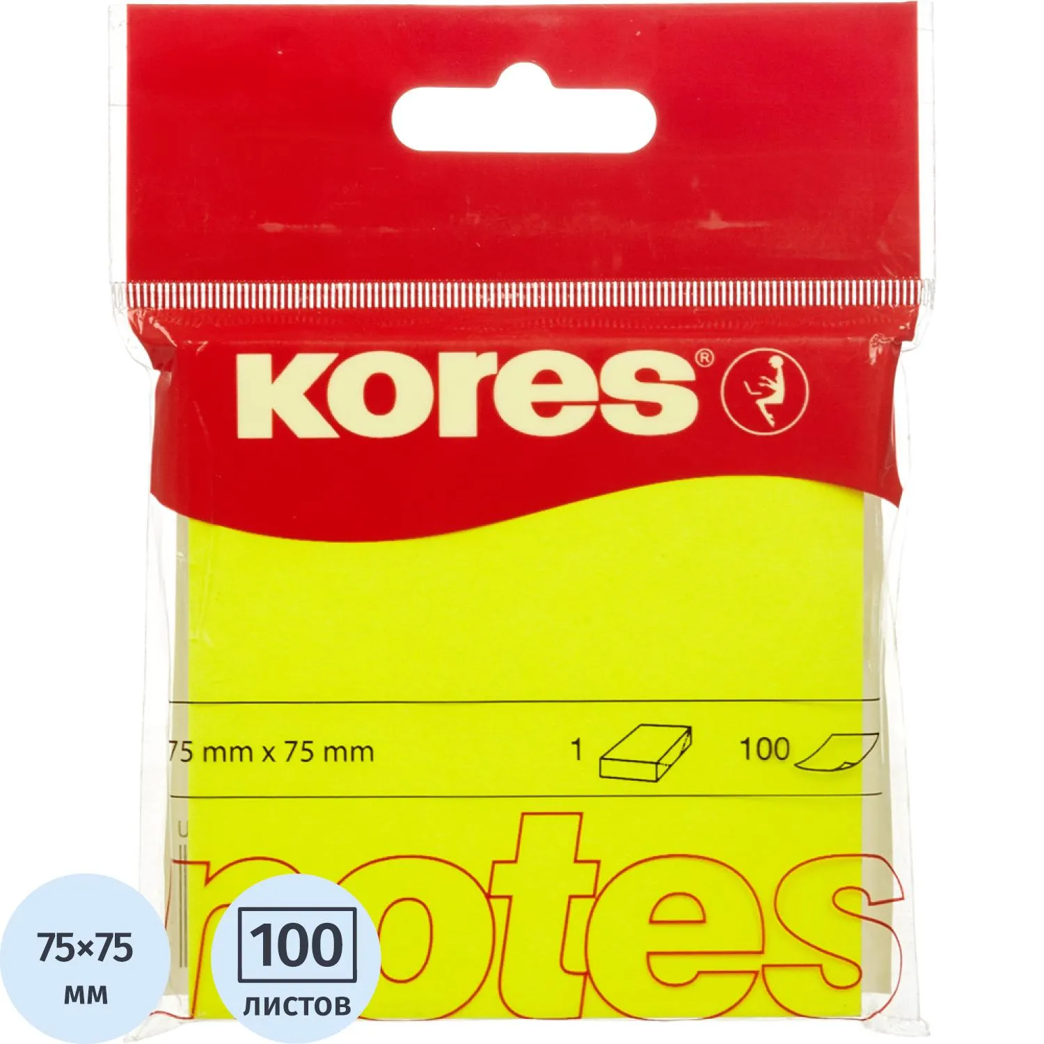 Стикеры Kores бум.для зам. 75х75 неоновая желтая 100л. '47076/47092
