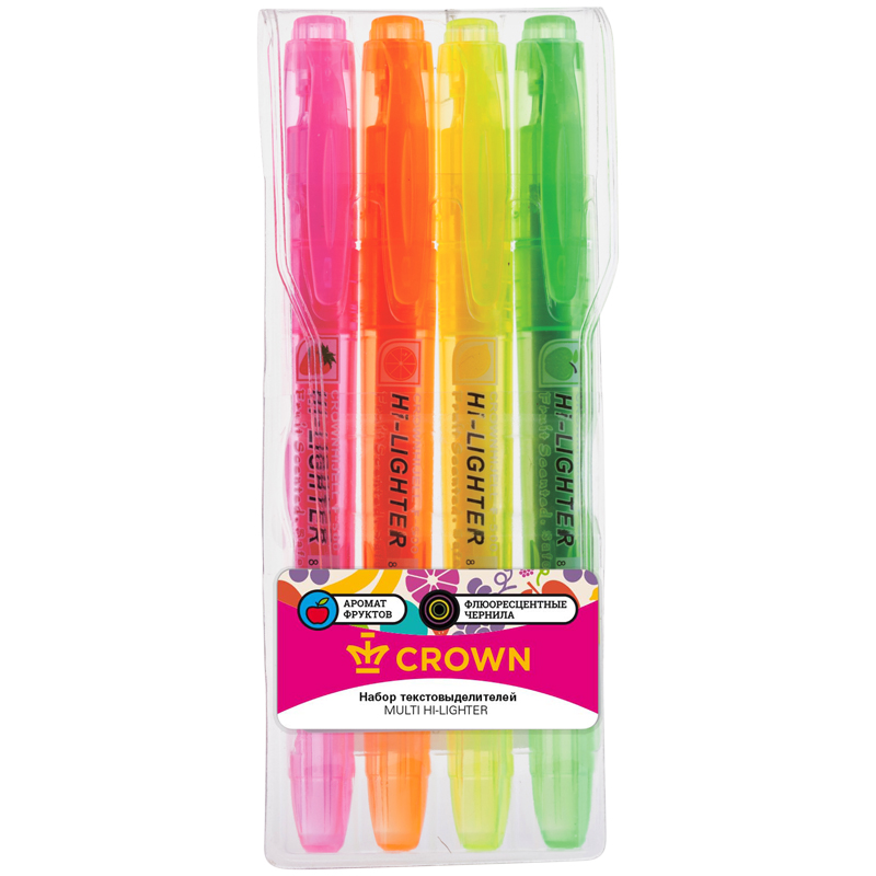 354c3c3179a3d5b521d00d60f7941c42 Набор текстовыделителей Crown "Multi Hi-Lighter Aroma" 04цв., 1-4мм, ароматиз., чехол с европодвесом — изображение 1