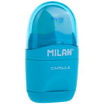 Точилка пластиковая с ластиком Milan "Capsule", 1 отверстие, контейнер, ассорти, блистер, европодвес
