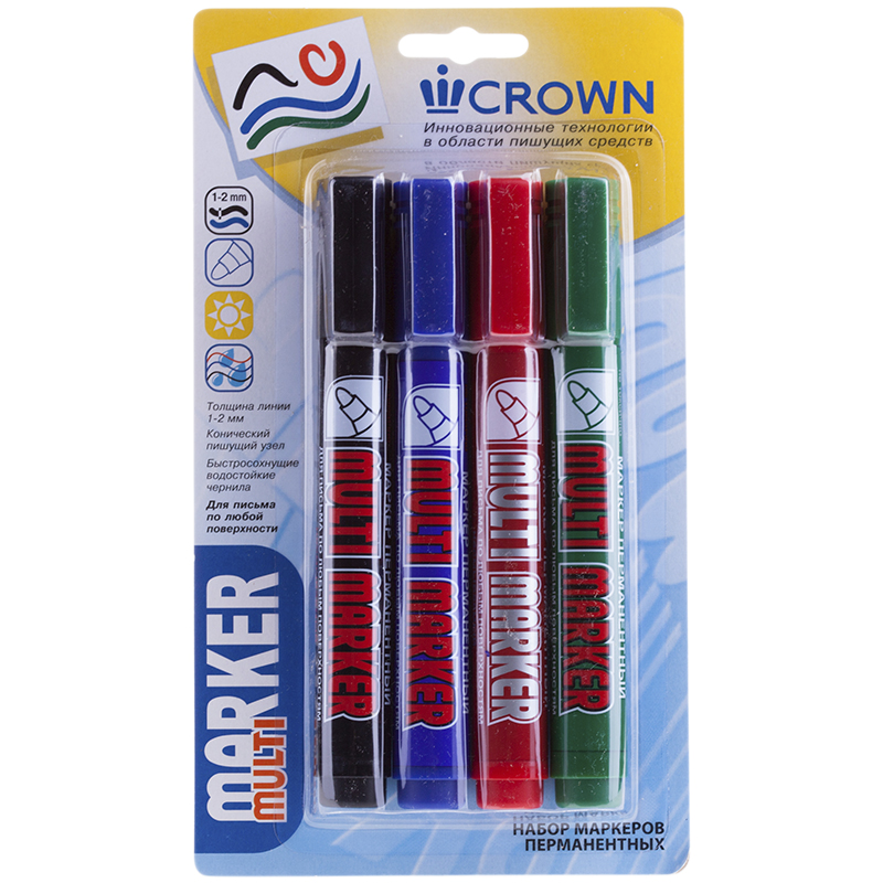 Набор перманентных маркеров Crown "Multi Marker" 4цв., пулевидный, 3мм, блистер