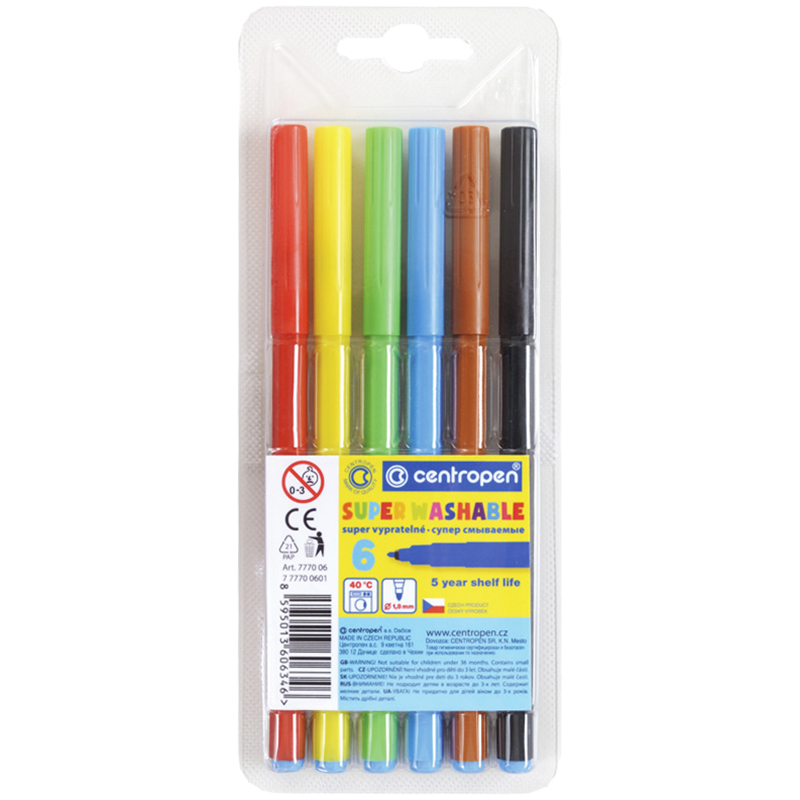 4858089b44166b964a3a658c4612d4cb Фломастеры Centropen "Super Washable", 06цв., смываемые, блистер — изображение 1