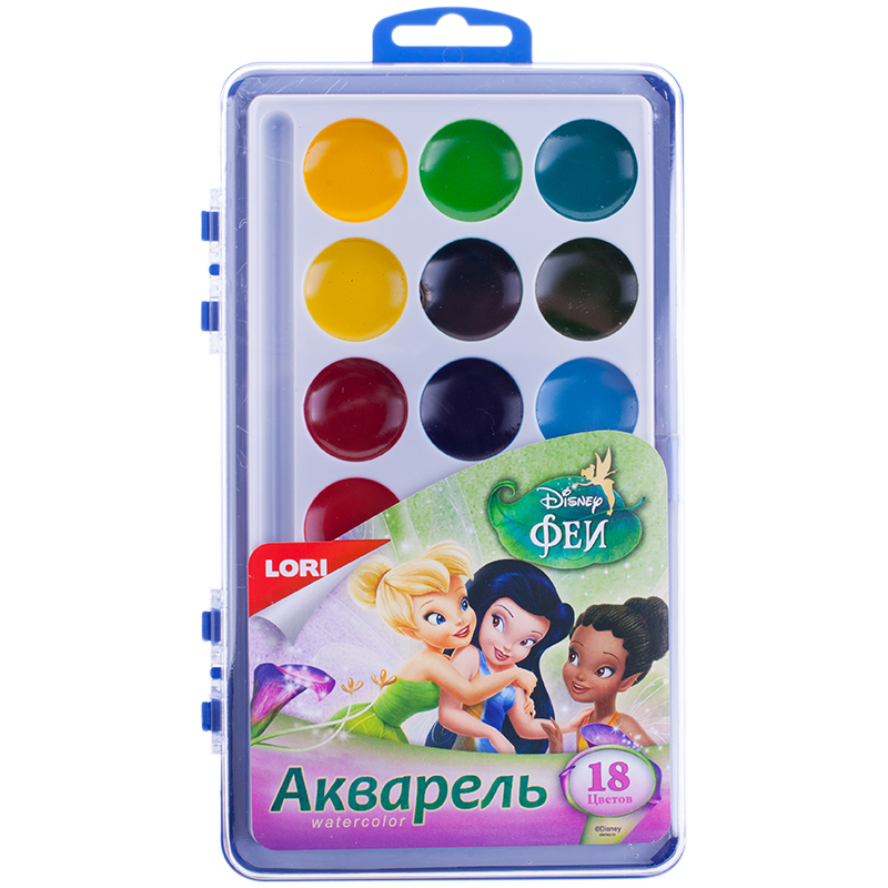 Акварель Lori "Disney. Феи", медовая, 18 цветов, без кисти, пластик, европодвес