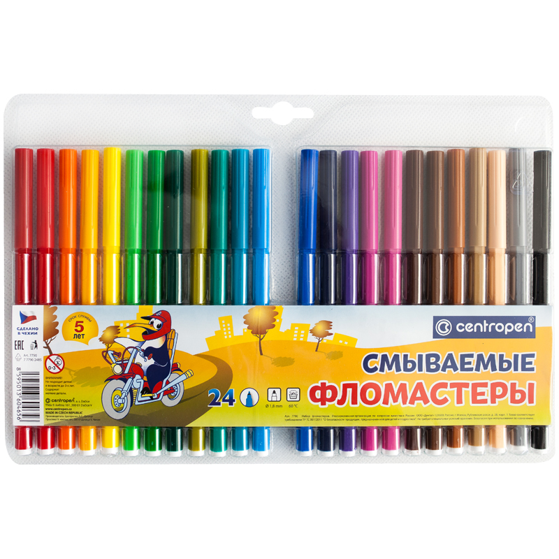 4b21328981809bc1f0eda7974d48a680 Фломастеры Centropen "Washable", 24цв., смываемые, блистер — изображение 1