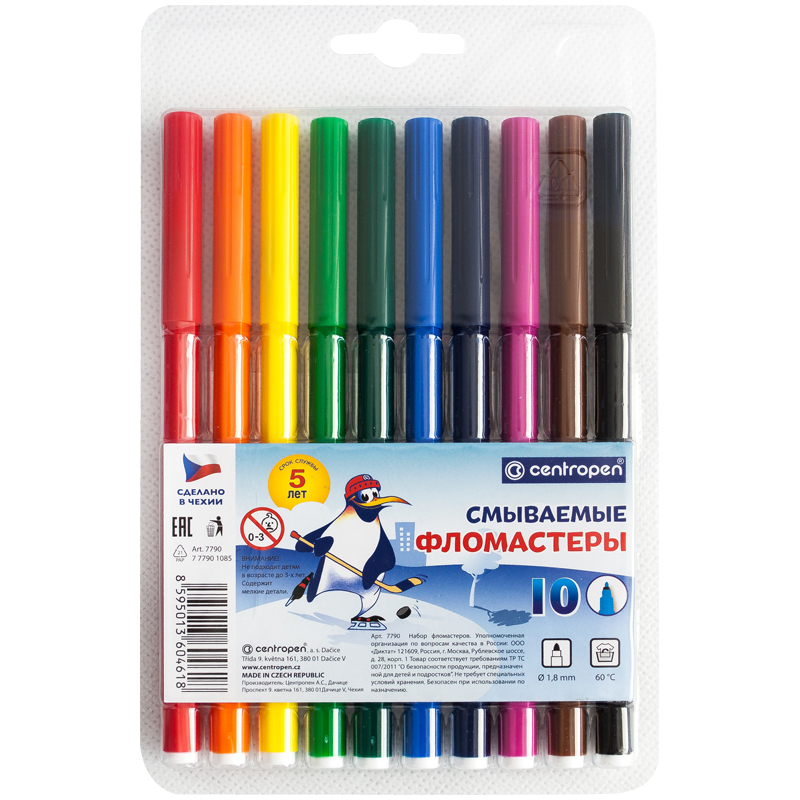 4d95d3049433199115ab8a1a6f1c4f24 Фломастеры Centropen "Washable", 10цв., смываемые, блистер — изображение 1