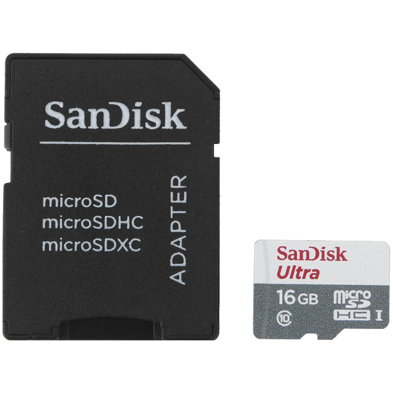 Карта памяти SanDisk MicroSDHC Ultra 16GB, Class 10 , скорость чтения 48Мб/сек  (с адаптером SD)