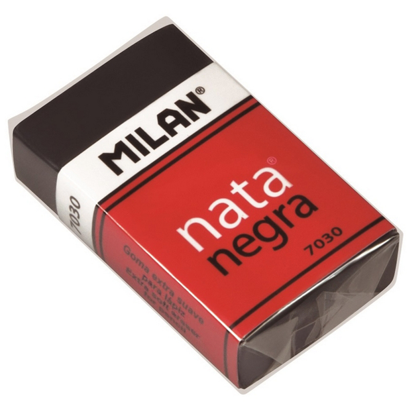 722094a0d0594eeeff893fd7a37cf9f2 Ластик Milan "Nata Negra 7030", прямоугольный, пластик, картонный держатель, черный, 39*24*10мм — изображение 1