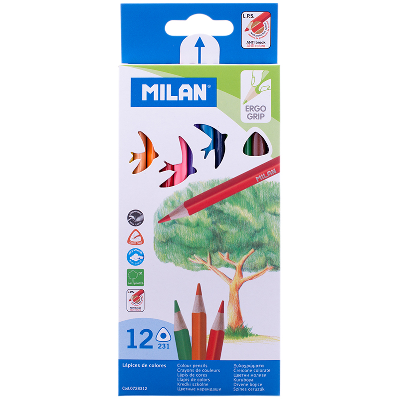 Карандаши цветные Milan "231", 12цв., трехгран., заточен., картон, европодвес