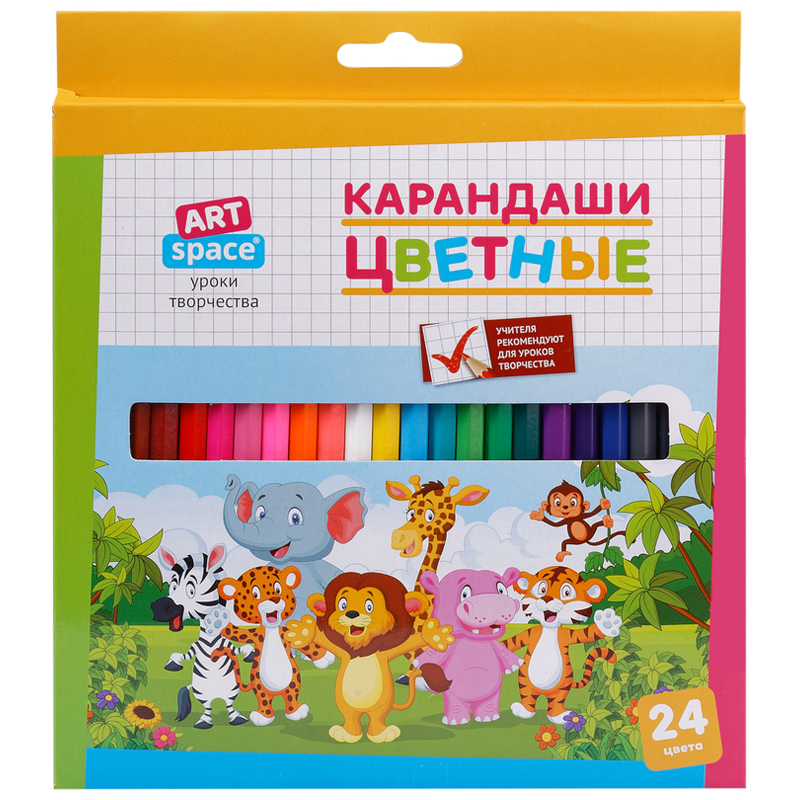 Карандаши цветные ArtSpace "Зверята", 24цв., заточен., картон, европодвес