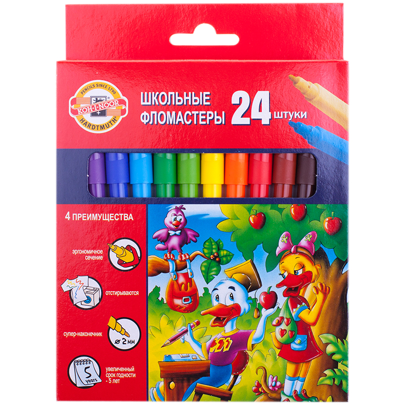 7b7102cc3fb4fe4f6f49669cb95b8b16 Фломастеры Koh-I-Noor "Утята", 24цв., трехгранные, смываемые, картон, европодвес — изображение 1