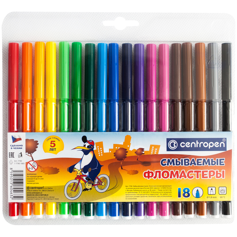 7ef84cf6a71a633b09bc52505bc8b6c4 Фломастеры Centropen "Washable", 18цв., смываемые, блистер — изображение 1