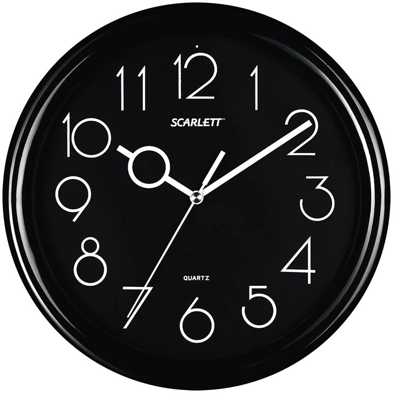 Часы настенные ход шаговый, Scarlett SC-09B, круглые, 25,5*25,5*4,6, черная рамка