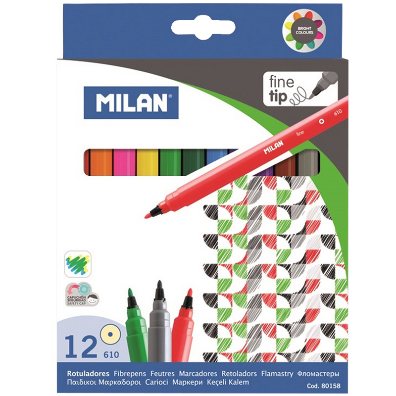 a85aa195f4bbf4f1031799b21f4f9515 Фломастеры Milan "610", 12цв., смываемые, картон, европодвес — изображение 1