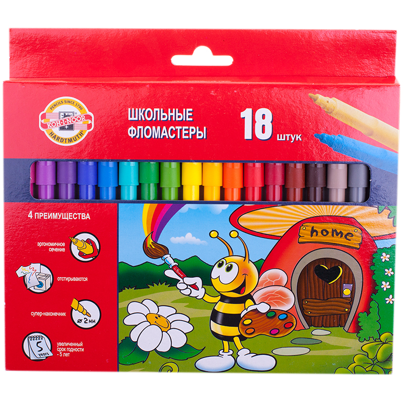 ba56738036cec344d020ac493cdce0b6 Фломастеры Koh-I-Noor "Пчелка", 18цв., трехгранные, смываемые, картон, европодвес — изображение 1
