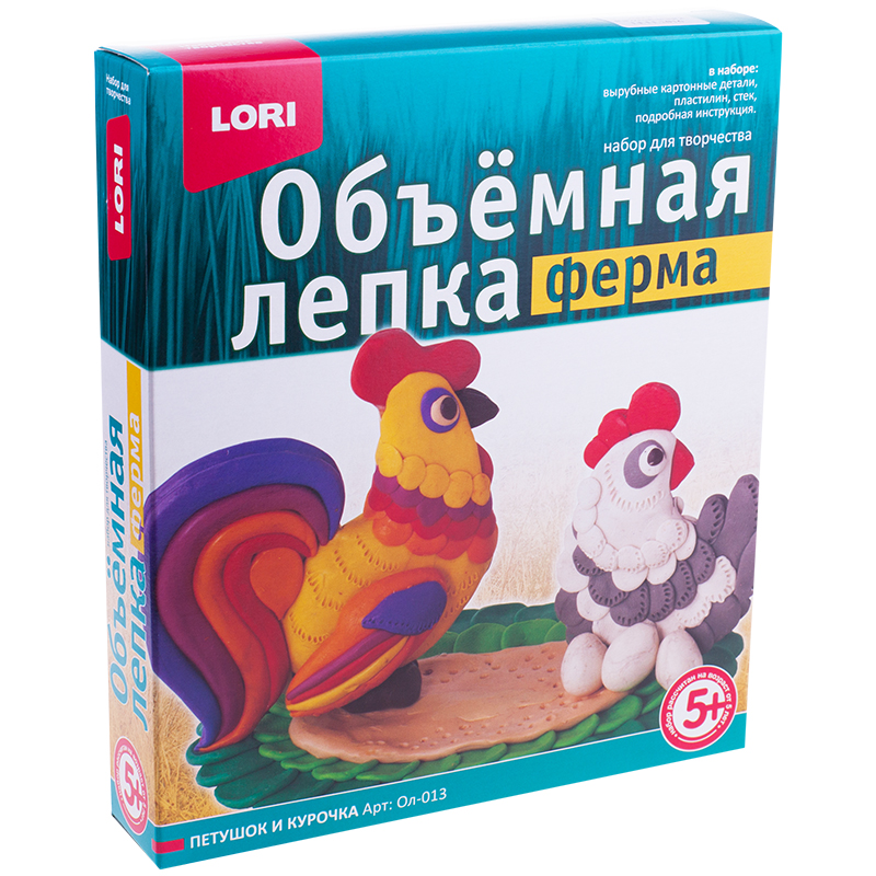Объемная лепка из пластилина Lori "Ферма. Петушок и курочка", картонная коробка