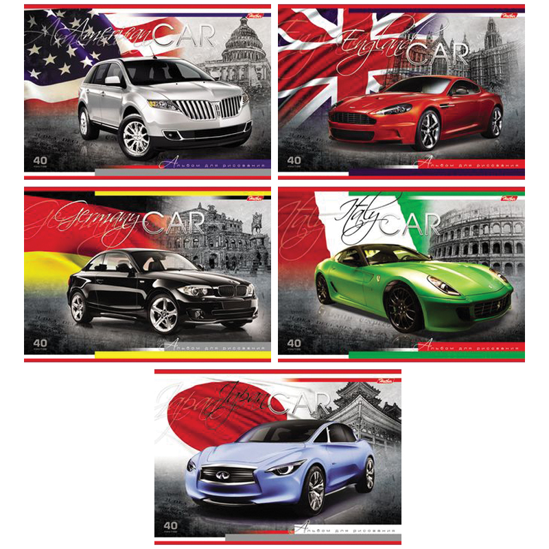 Альбом для рисования 40л., А4, на скрепке Hatber "Country Cars", выб. лак