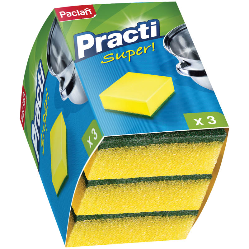 Губки для посуды Paclan "Practi", поролон с абразивным слоем, 10*7, 3шт.
