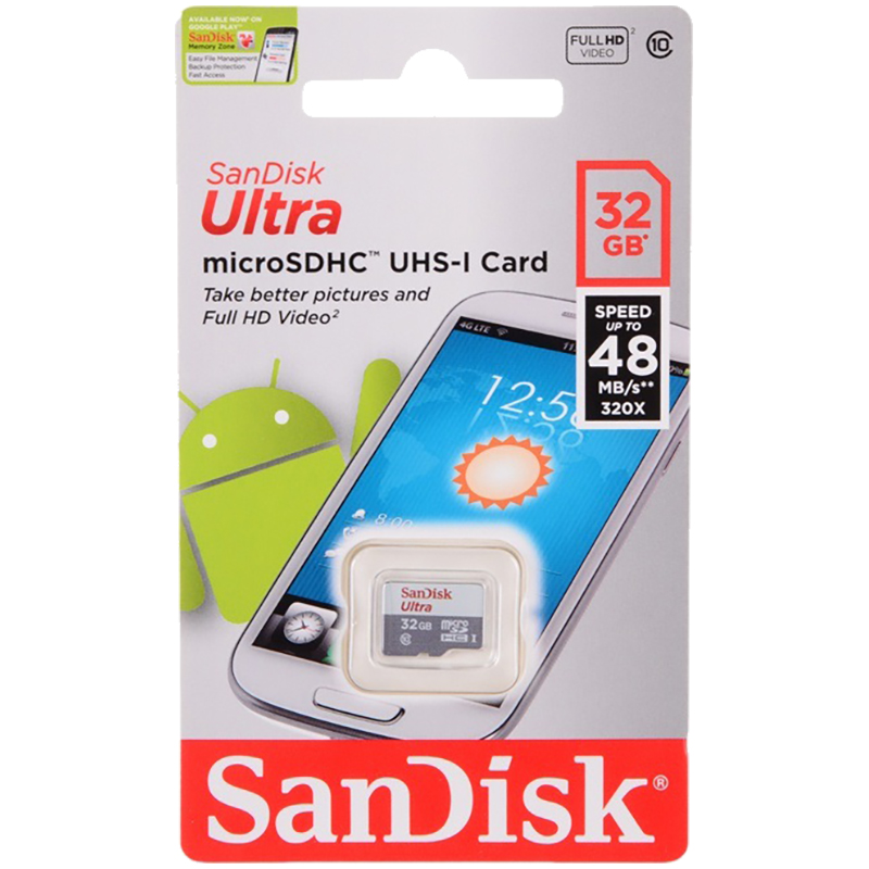 Карта памяти SanDisk MicroSDHC Ultra 32GB, Class 10, скорость чтения 48Мб/сек