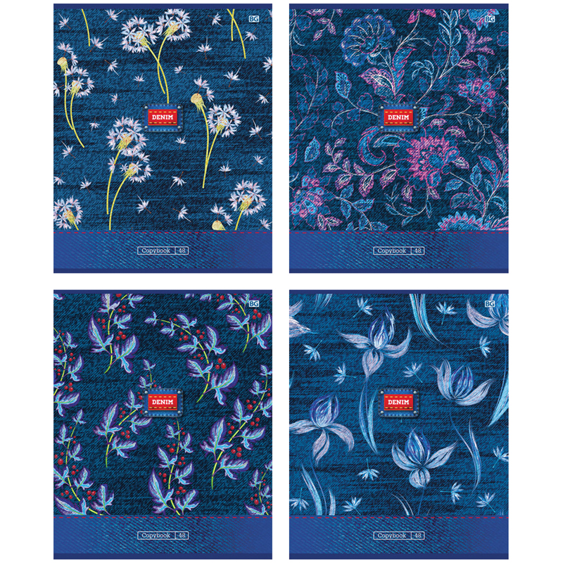 Тетрадь 48л., А5, клетка BG "Denim&Flowers", блестки