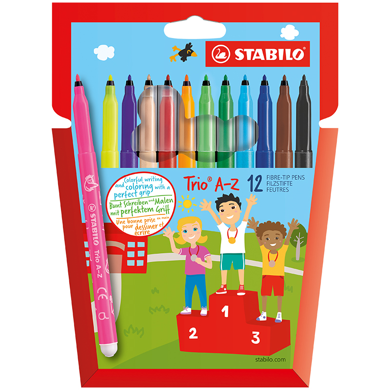 Фломастеры Stabilo "Trio A-Z", 12цв., трехгран., смываемые, картон, европодвес