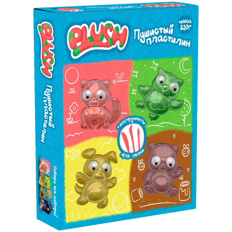 Набор для лепки: пушистый пластилин "Plush" 4цв.*80г, глазки, формочки, стеки