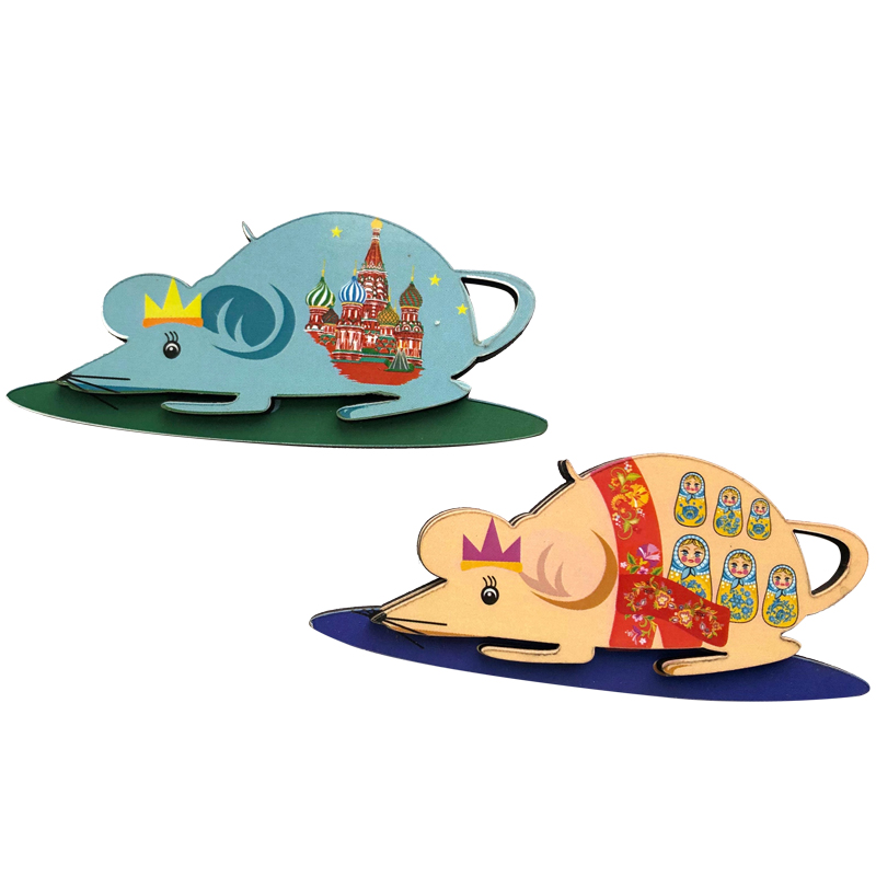 Магнит фигурный "Мышка с матрешкой" 8*3см, дерево+ПВХ