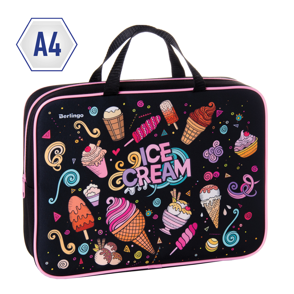 Папка с ручками 1 отделение, А4 Berlingo "Ice-cream", 350*265*80мм,  текстиль, на молнии