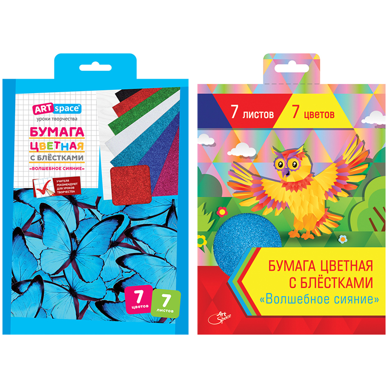 Цветная бумага A5, ArtSpace "Волшебное сияние", 7л., 7цв., с блестками, в папке с европодвесом