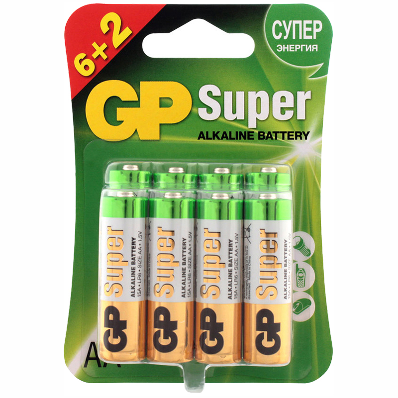 Батарейка GP Super AA (LR06), 6+2, 15A алкалиновая, BC8