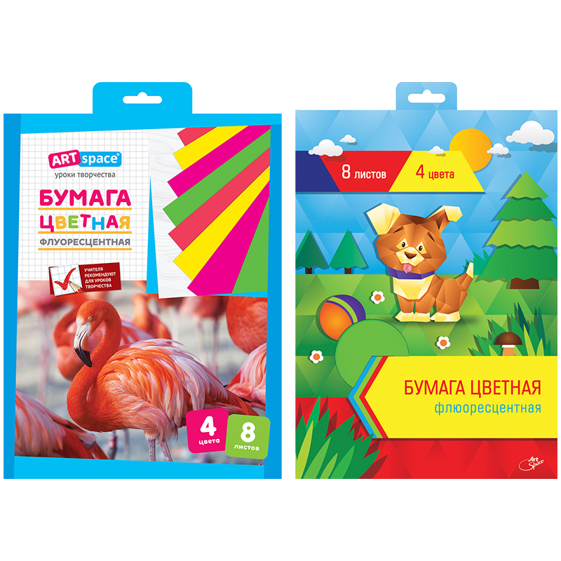 Цветная бумага A4, ArtSpace, 8л., 4цв., флуоресцентная, мелованная, в папке с европодвесом