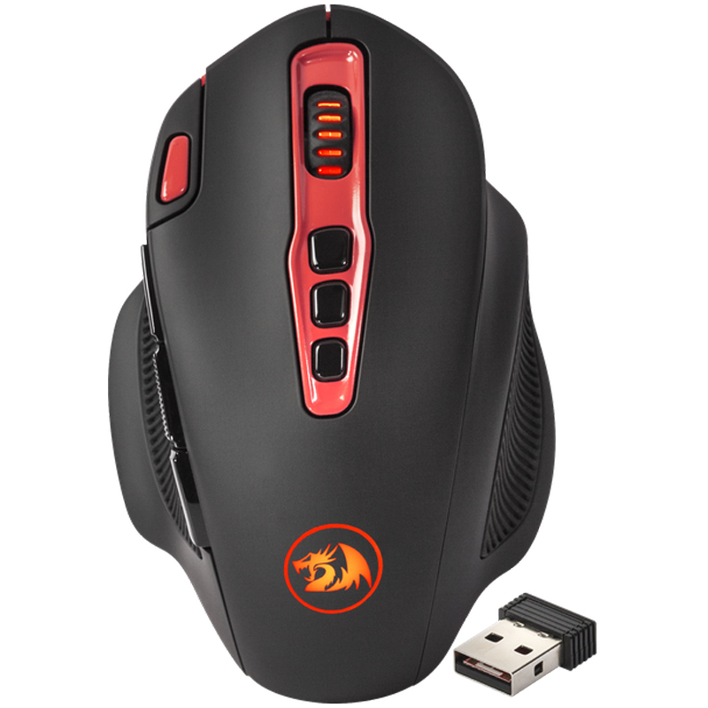 Мышь беспроводная игровая Redragon Shark, USB, 100-7200dpi, 15m, 2хAA, красный, черный, 9btn+Roll