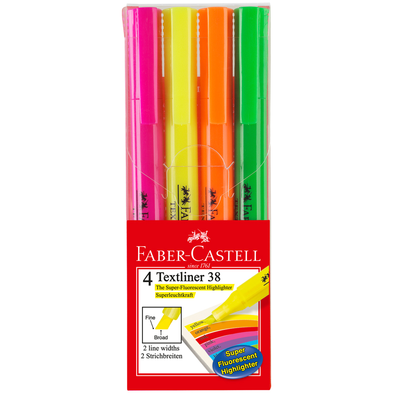 Набор текстовыделителей Faber-Castell "38" 4цв., 1-5мм, пластик. уп., европодвес