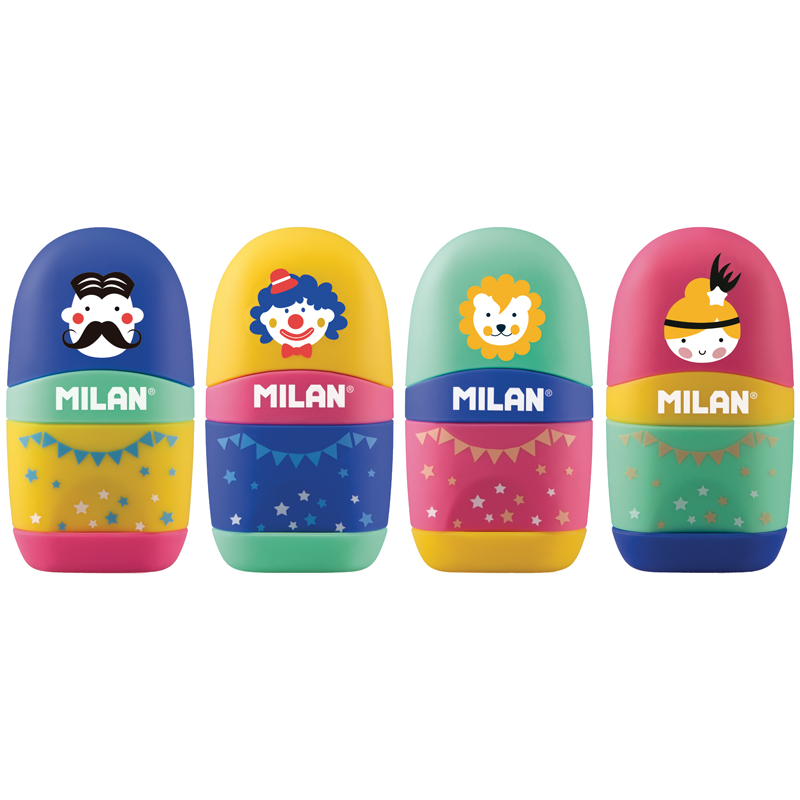 Точилка пластиковая с ластиком Milan "Capsule Circus", 1 отверстие, контейнер, ассорти