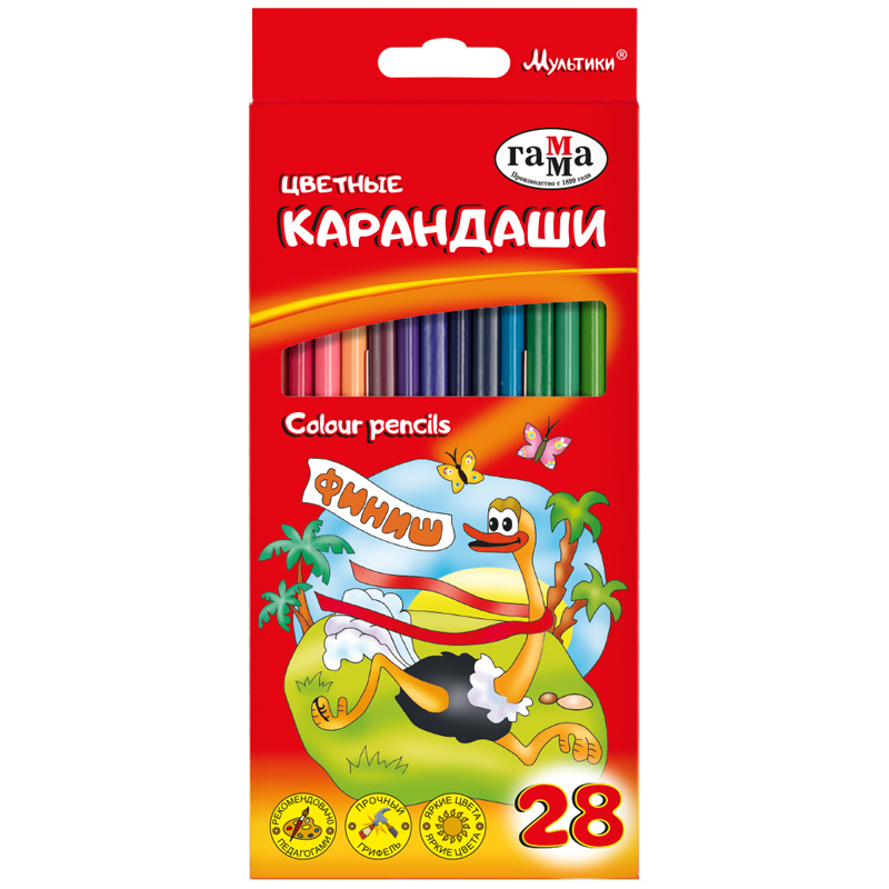 Карандаши цветные Гамма "Мультики", 28цв., трехгранные, заточен., картон. упак., европодвес