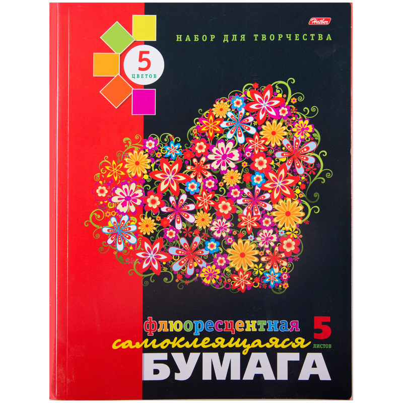 Цветная бумага самоклеящаяся A4, 5л., 5цв., флуоресцентная, "Сердечко", в папке
