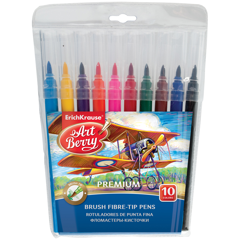 Фломастеры с кистевым пишущим узлом ArtBerry "Easy Washable", 10цв., смываемые, блистер