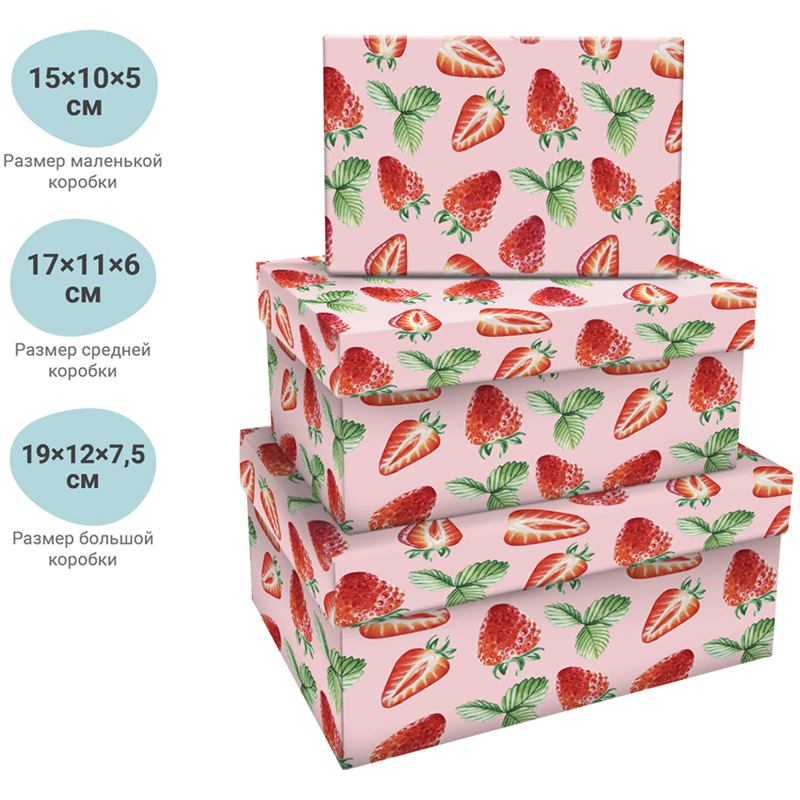 Набор прямоугольных коробок 3в1, MESHU "Strawberry", (19*12*7,5-15*10*5см)
