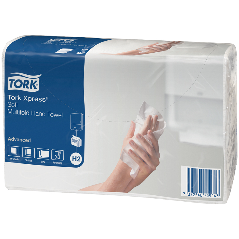 Полотенца бумажные лист. Tork XpressMultifold "Advanced.Soft"(Z-сл)(Н2), 2-слойные,190л/пач, 21,3*23,4см, белые