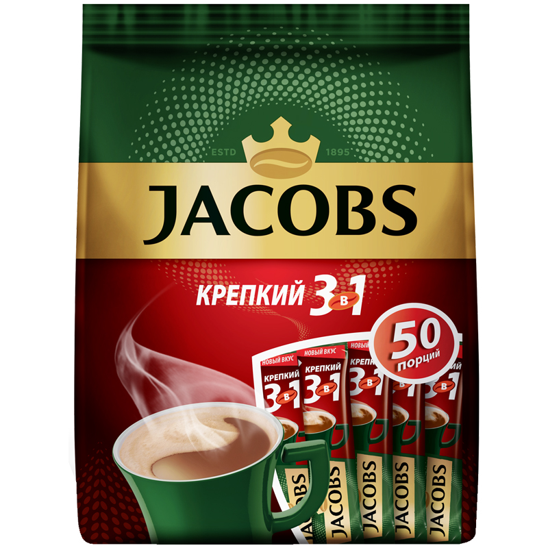 Кофе растворимый Jacobs "Крепкий", 3в1, порошкообразный, порционный, 50 пакетиков*12г, пакет