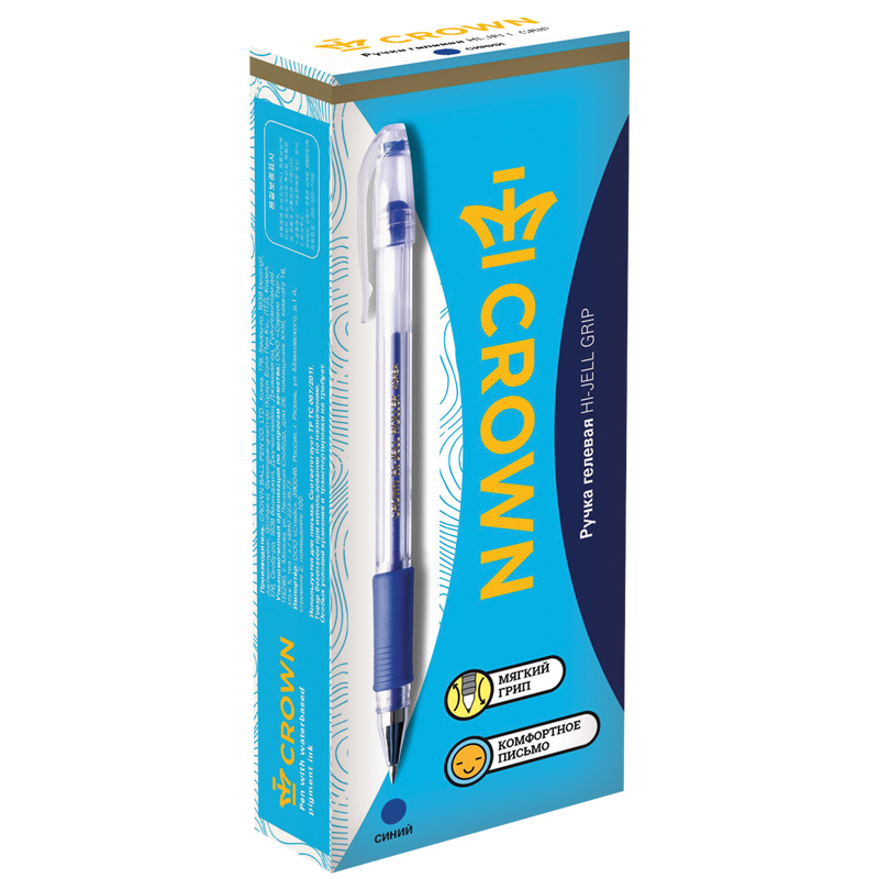 Ручки гелевые 12 штук Crown "Hi-Jell Grip" синие, 0,5мм, грип, в термопленке