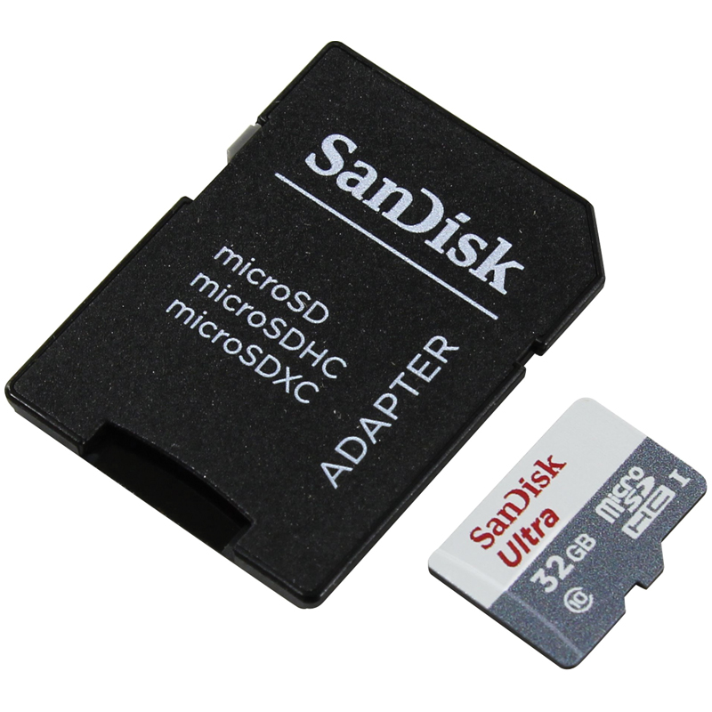 Карта памяти SanDisk MicroSDHC Ultra 32GB, Class 10, скорость чтения 80Мб/сек (с адаптером SD)