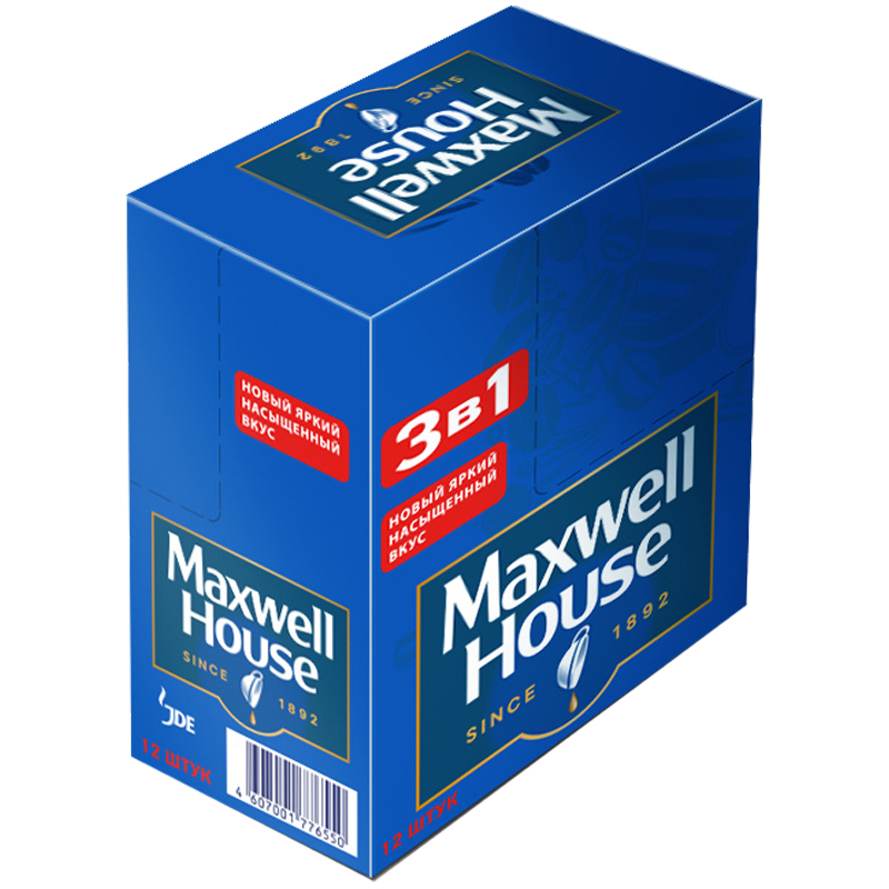Кофе растворимый Maxwell House, 3 в 1, порошкообразный, порционный, 12 пакетиков* 15г, картон. бокс