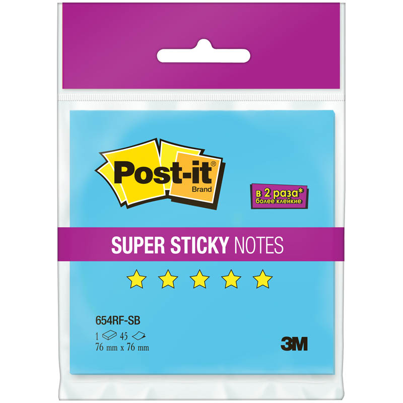 Самоклеящийся блок Post-it "Super Sticky", 76*76мм, 45л, голубой неон, европодвес